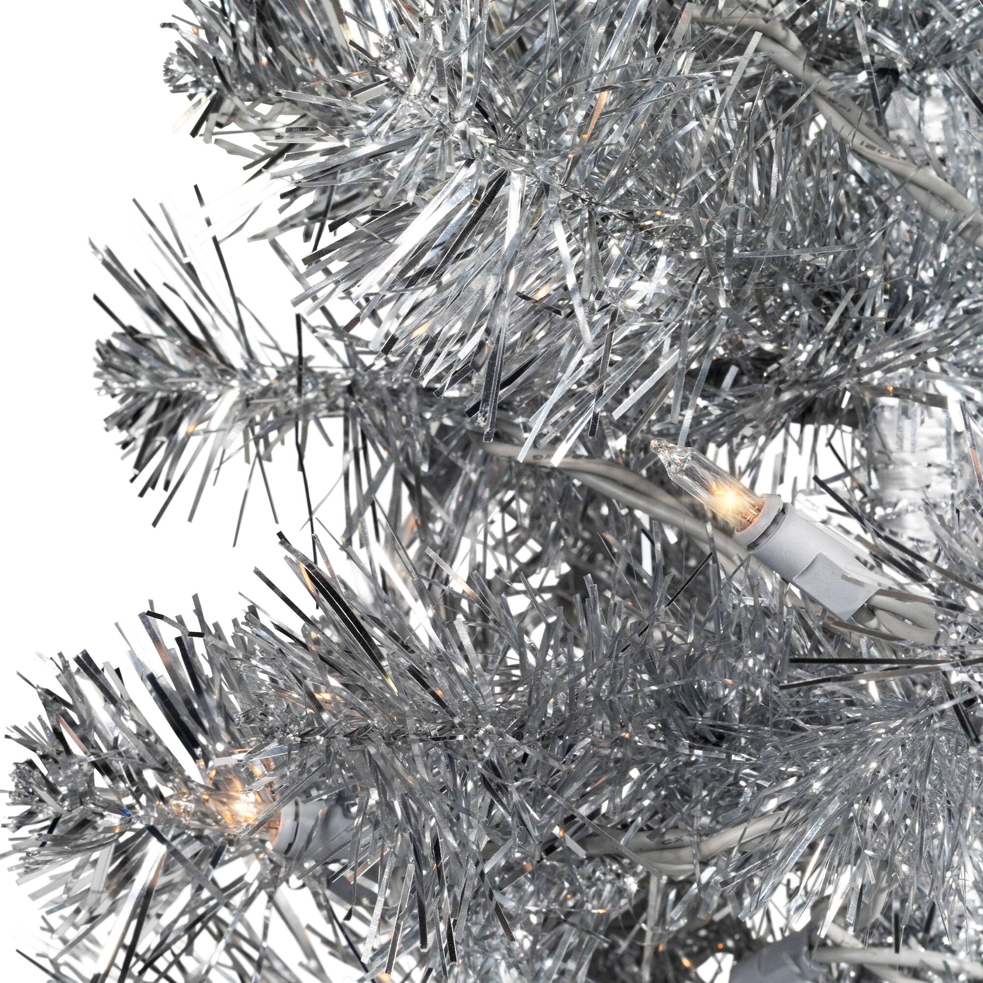 9ft. Pre-Lit Silver Tinsel Artificial Christmas Tree, Clear Lights